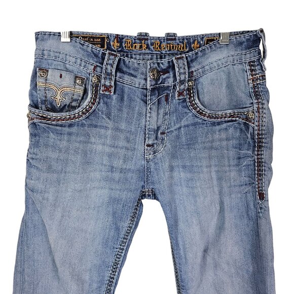 Rock Revival Ecton Boot Embroidered Denim Jeans 32 Light Wash Distressed Casual - Picture 11 of 15